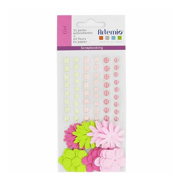 Adhesive half pearls and paper flowers, pink-green