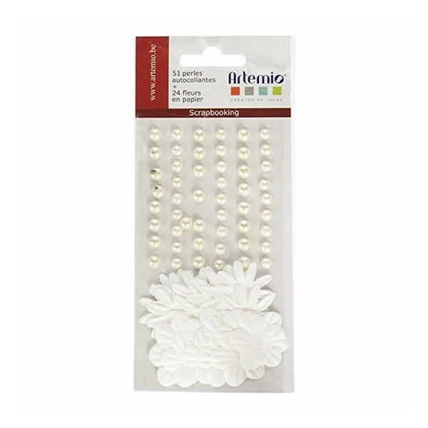 Adhesive half pearls and paper flowers, white