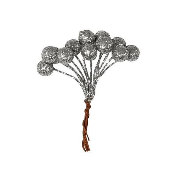 Bouquet de baies pailletées argent, 7cm, 3 pièces à 12 tiges