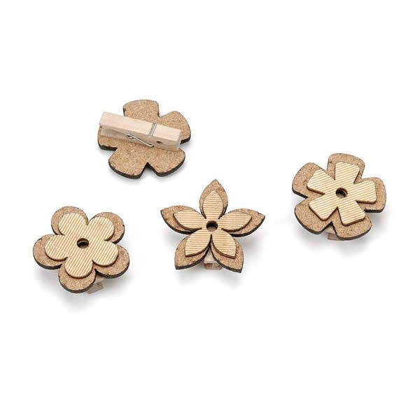 Fleurs bois/liège avec pince, 4cm, 6pcs