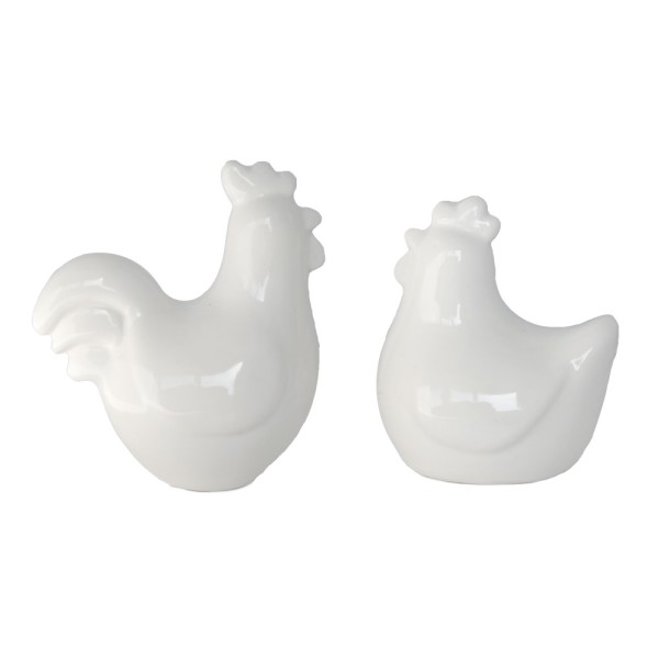 Poule et coq en céramique blanche 10cm