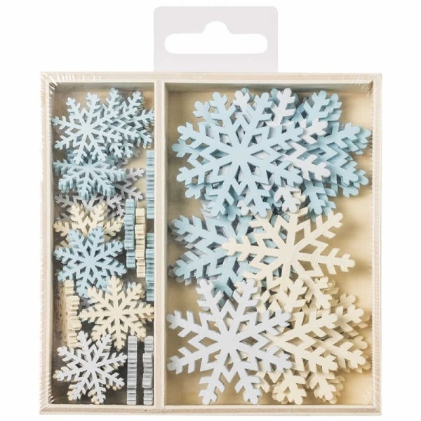 Boîte ornements en bois flocons 2.2-4cm, 54 pcs