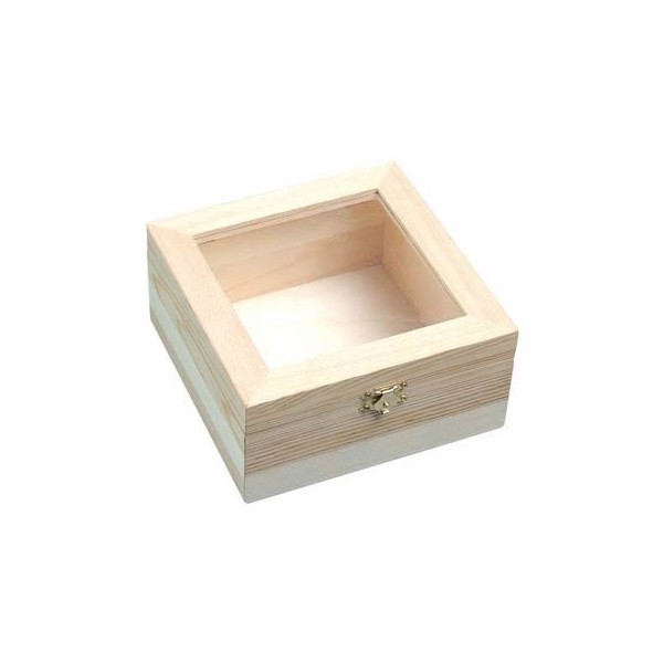 Boîte en bois avec fenêtre, 15.5x15.5x7.5cm