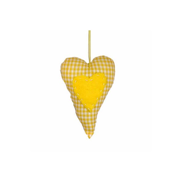 Coeur en tissu vichy jaune, 11x16cm