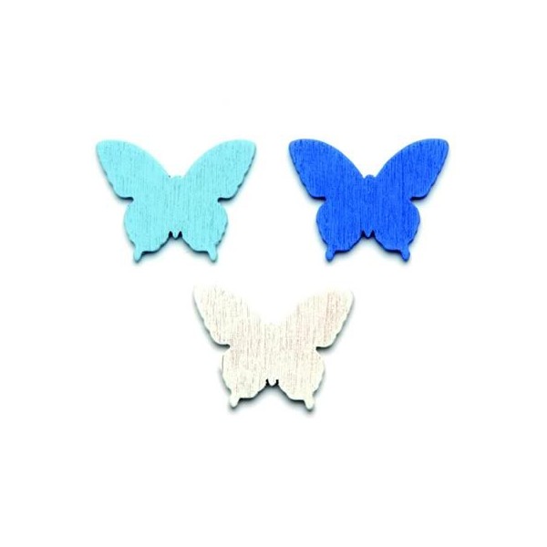 Wooden Butterflies, 3cm, blue/white, 12 pcs