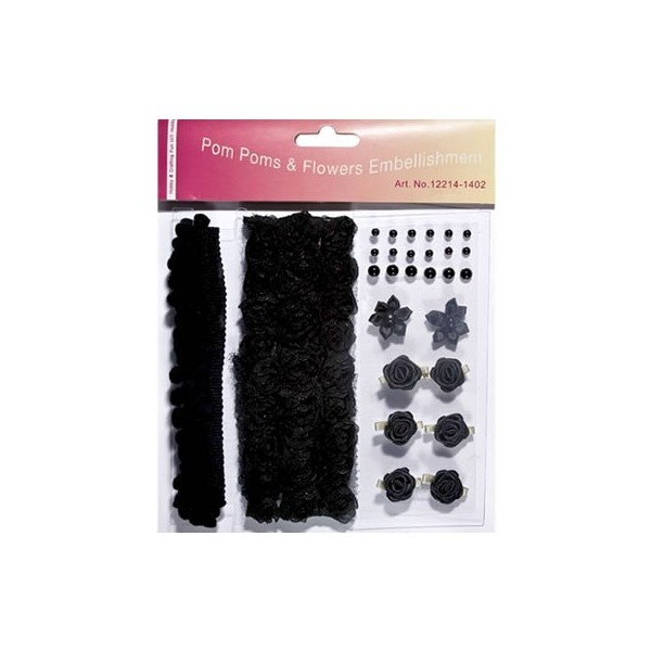 Pom poms & Flowers Embellishment, schwarz