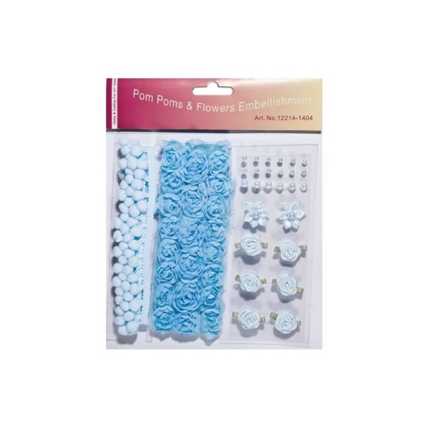 Pom poms & Flowers Embellishment, azul