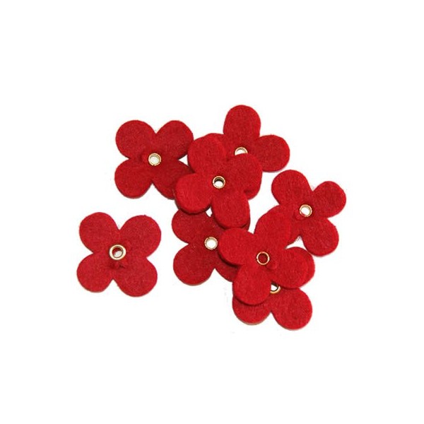 Felt flowers with eyelet, 35mm, red, 12pcs