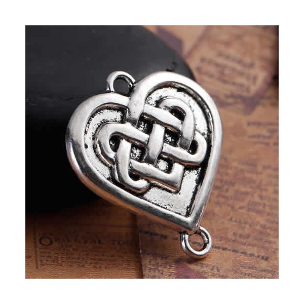 Connector Heart Celtic Knot, silver color, 4 pcs